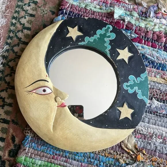 Vintage 90s 11.5" Handcarved Celestial Moon Stars Wall Mirror Indonesia Whimsy - Picture 16 of 16
